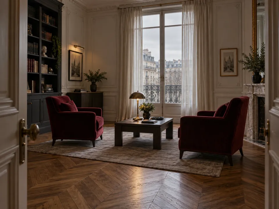 Le cabinet de Paris : deux fauteuils bordeaux, parquet à chevrons, fenêtre haussmannienne