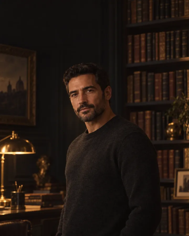 Charlie Montel dans son bureau, à la lumière d'une lampe de laiton