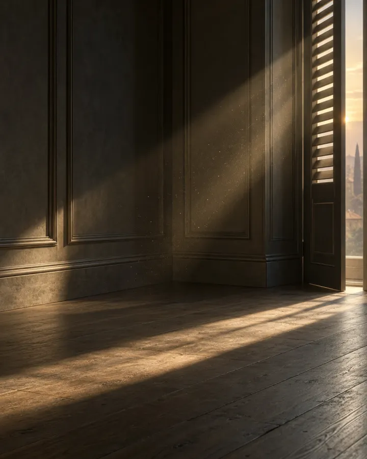 La lumière du soir traversant les persiennes d'une pièce apaisée